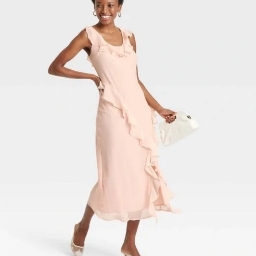 Ruffle Slip Dress -Light Pink L: Chiffon, Sleeveless, Scoopneck, Ankle Length